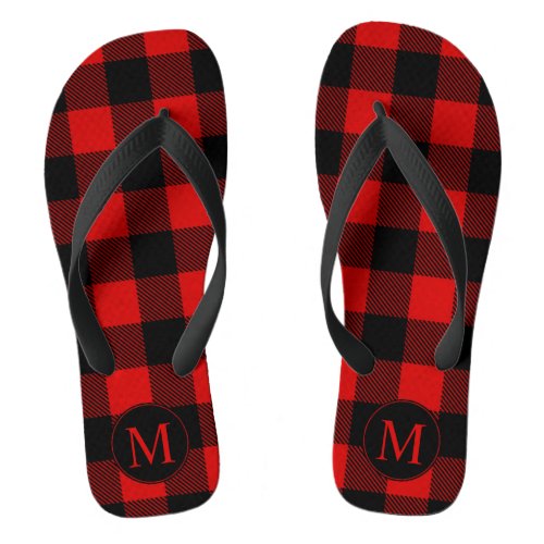Red and Black Buffalo Plaid with Monogram Flip Flops