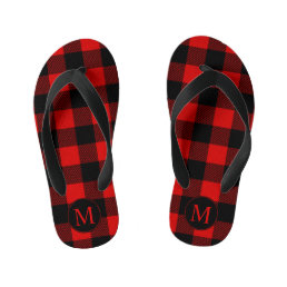 Red and Black Buffalo Plaid with Monogram Kid&#39;s Flip Flops