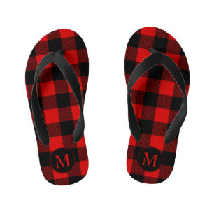Red and Black Buffalo Plaid with Monogram Kid's Flip Flops