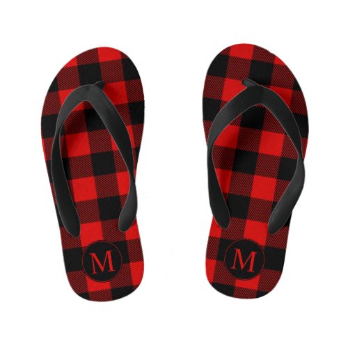 Red and Black Buffalo Plaid with Monogram Kids Flip Flops