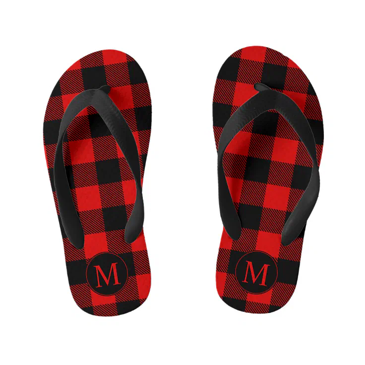 Red and Black Buffalo Plaid with Monogram Kid's Flip Flops | Zazzle