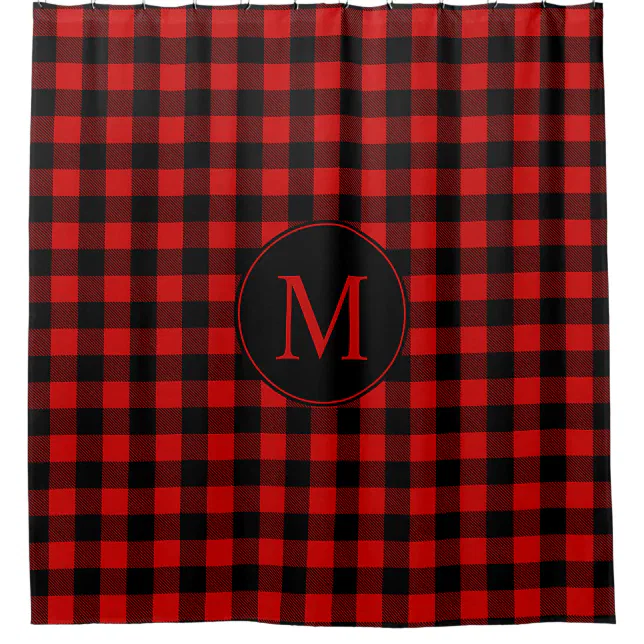 Red and Black Buffalo Plaid with Monogram Shower Curtain Zazzle