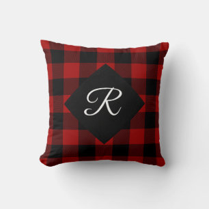 red and black Buffalo Plaid with monogram Throw Pillow
