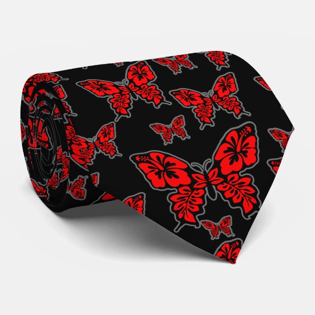 Red and Black Butterfly on Black Neck Tie (Rolled)