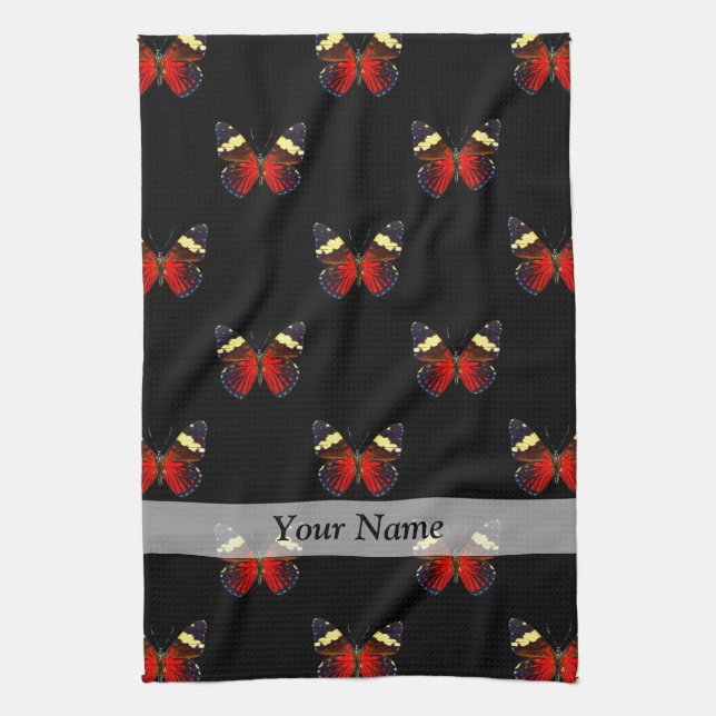 Red and black butterfly pattern kitchen towel (Vertical)