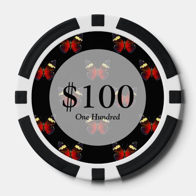 Red and black butterfly pattern poker chips (Front)
