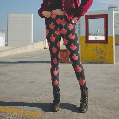 Red and Black Canadian Maple Leaf Leggings