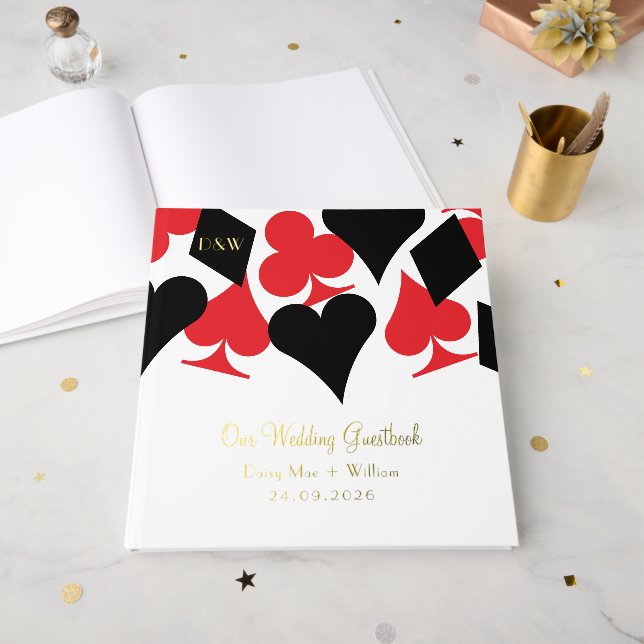 Red and Black Card Suits Las Vegas Wedding Foil Guest Book (Front Open)