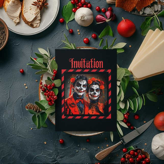 Red and black Caricature Dia de los Muertos couple Invitation (Creator Uploaded)