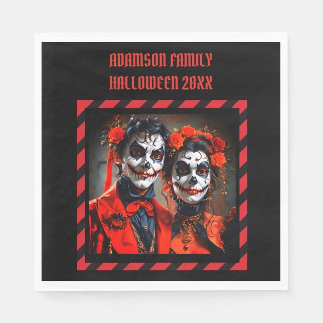 Red and black Caricature Dia de los Muertos couple Napkins (Front)