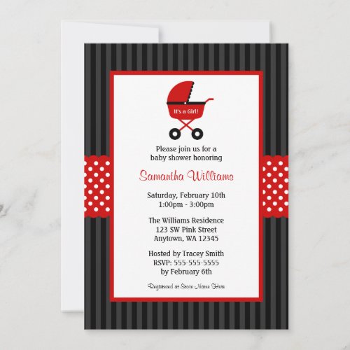 Red and Black Carriage Striped Dots Baby Shower Announcements