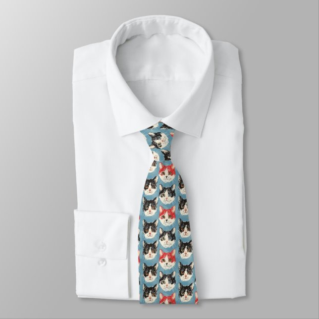 Red and Black Cats Pattern Neck Tie (Tied)
