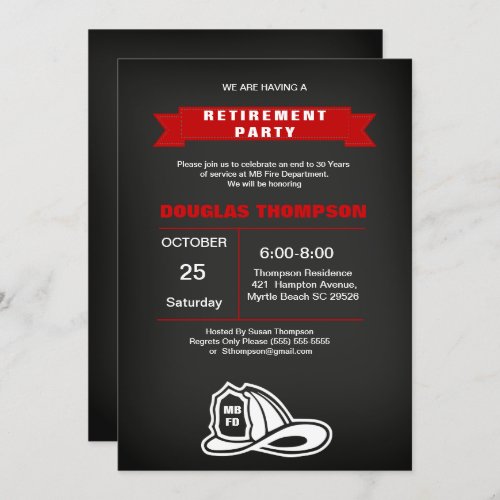 Red and Black Chalkboard  Firefighter Retirement   Invitation