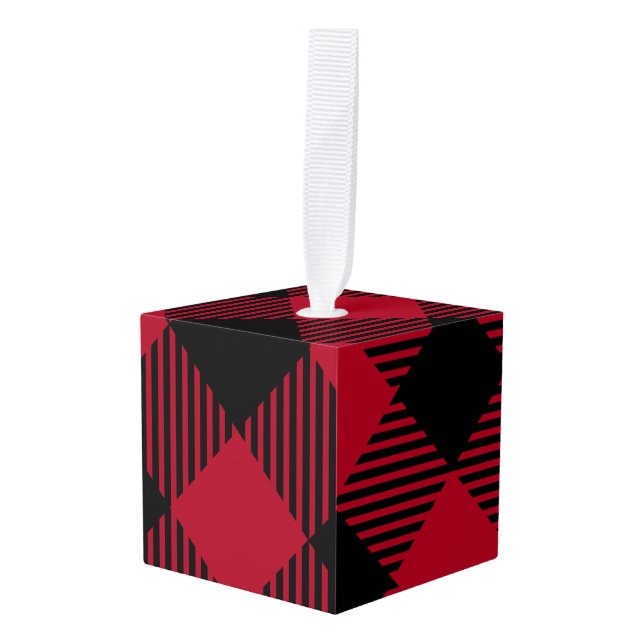 Red And Black Check Buffalo Plaid Pattern Cube Ornament (Front Angled)