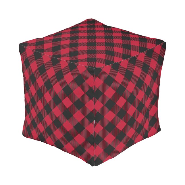 Red And Black Check Buffalo Plaid Pattern Outdoor Pouf (Angled Back)