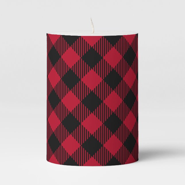 Red And Black Check Buffalo Plaid Pattern Pillar Candle (Front)
