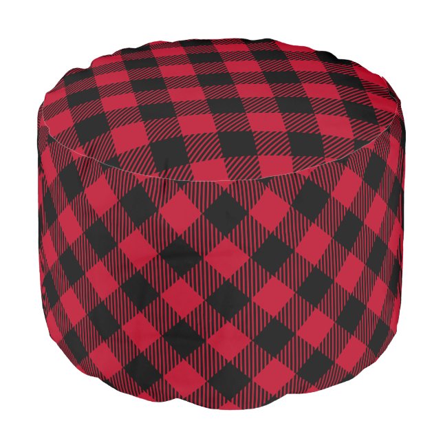 Red And Black Check Buffalo Plaid Pattern Pouf (Angled Front)