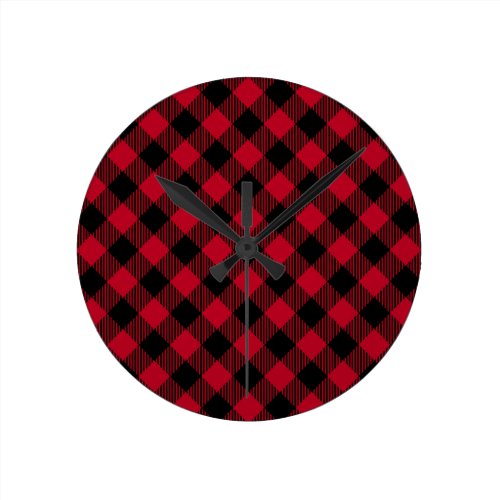 Red And Black Check Buffalo Plaid Pattern Round Clock