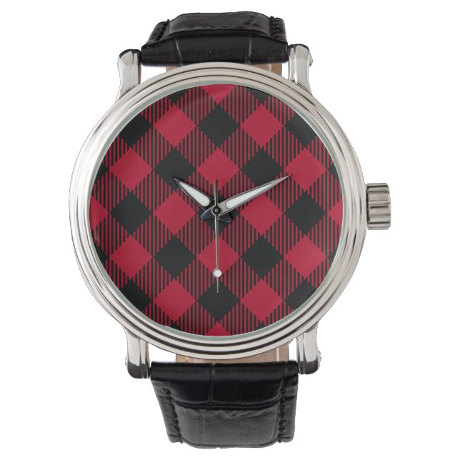 Red And Black Check Buffalo Plaid Pattern Watch (Front)