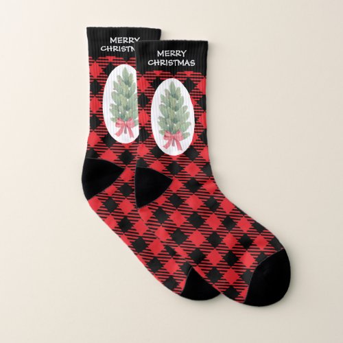 Red And Black Check With Tree All_Over_Print Socks