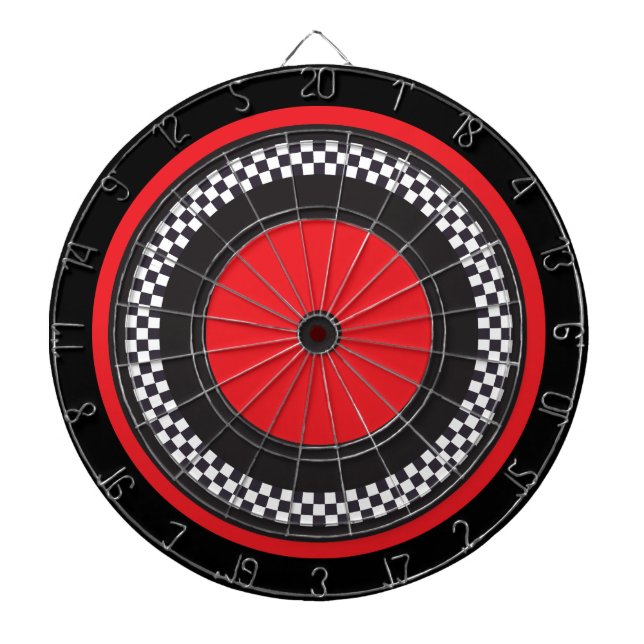 Red and Black Checkered Dartboard With Darts (Front)