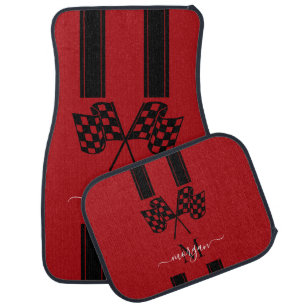 Red and Black Checkered Flag Monogram Script Car Floor Mat