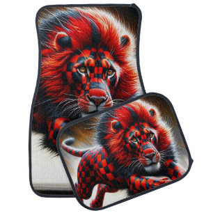 Red and Black Checkered Lion Car Floor Mat