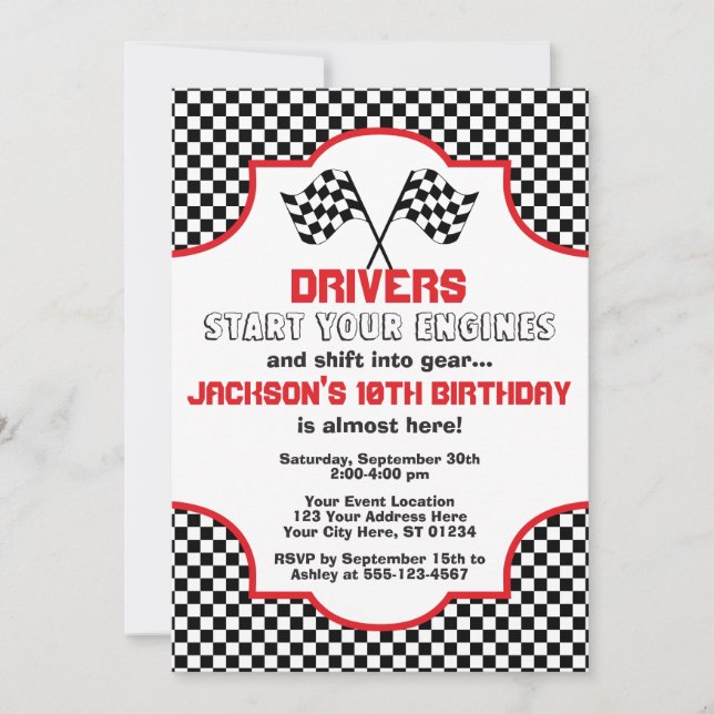 Red and Black Checkered Racing Birthday Invitation (Front)