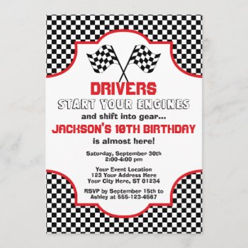 Red And Black Checkered Racing Birthday Invitation by PuggyPrints at Zazzle