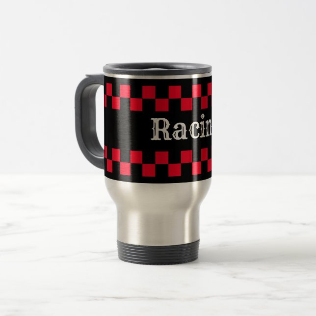 Red and Black Checkered Racing Travel Mug (Front Left)