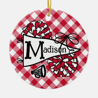 Red and Black Cheer Pennant Gingham Personalized Ceramic Ornament
