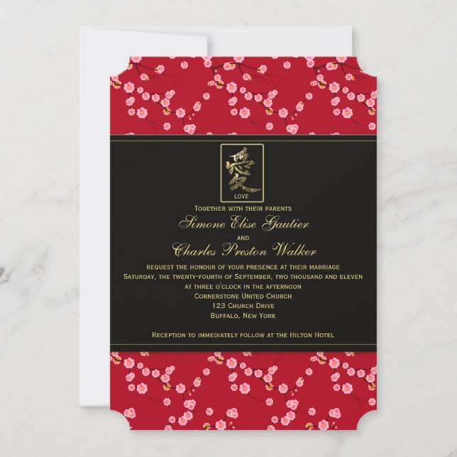 Red and Black Cherry Blossoms Wedding Invitation (Front)