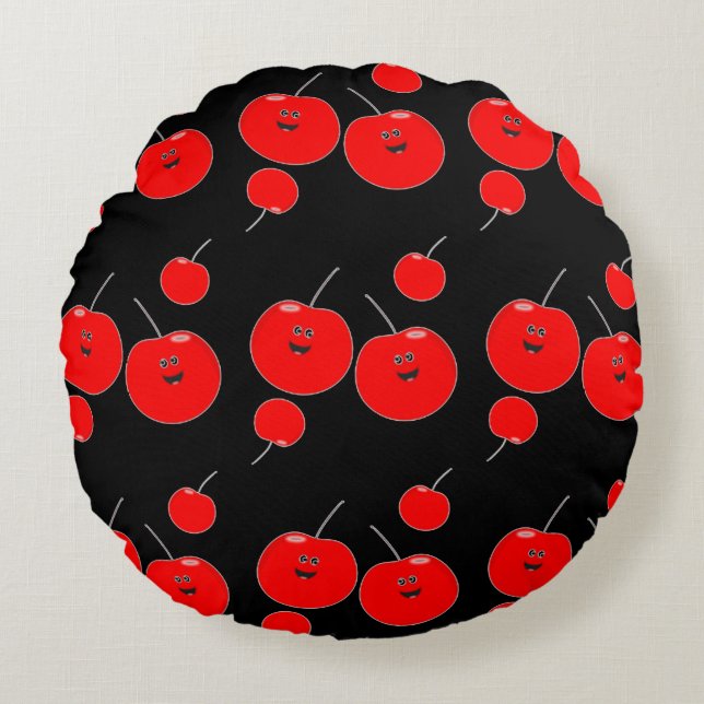 Red And Black Cherry Pattern Round Pillow (Front)