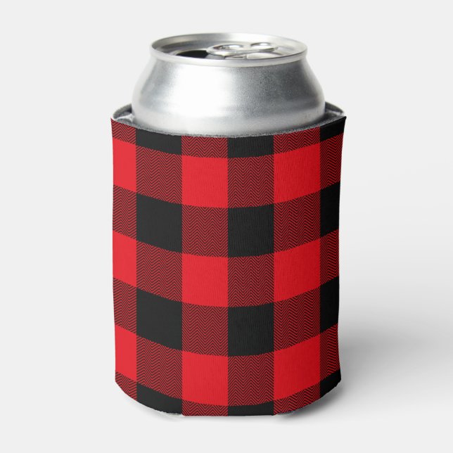 Red and Black Chevron Buffalo Plaid Can Cooler (Can Front)