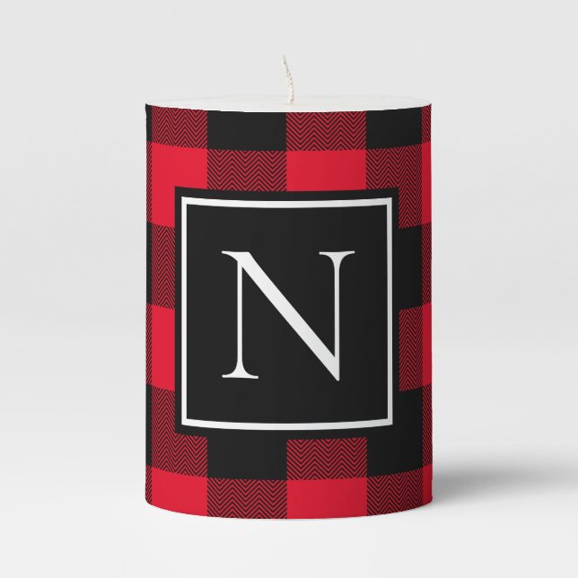 Red and Black Chevron Buffalo Plaid Monogrammed Pillar Candle (Front)