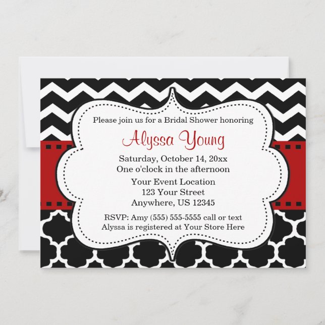 Red and Black Chevron Quatrefoil Invitation (Front)