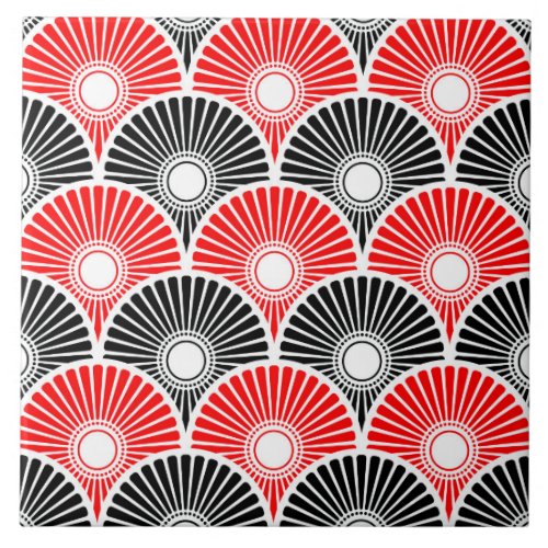 Red and Black Chinese Semi Circle Wave Pattern  Ceramic Tile