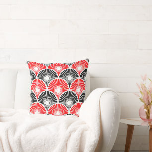 Red and Black Chinese Semi Circle Wave pattern Throw Pillow