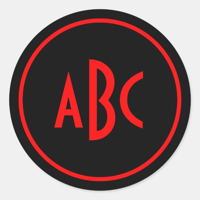Red and Black Circle Monogram Classic Round Sticker (Front)