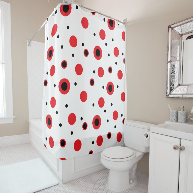 Red and black circles modern minimalist pattern shower curtain (In Situ)