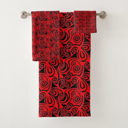 Red and Black Circular Pattern Bath Towels