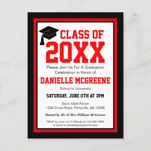 Red and Black Class Year Graduation Party Invitation Postcard (Front)