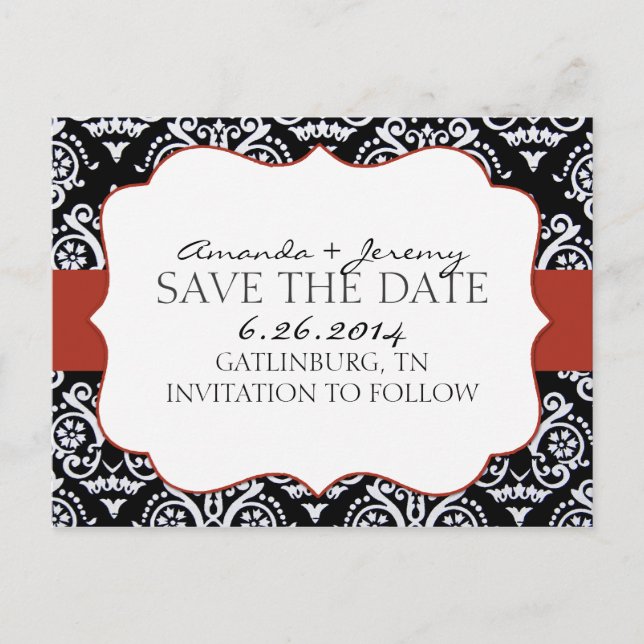 Red and Black Country Damask Pattern Save The Date Announcement Postcard (Front)