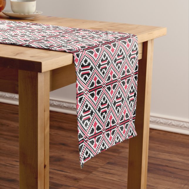 Red and Black cross-stitch Retro Pattern Short Table Runner (In Situ)