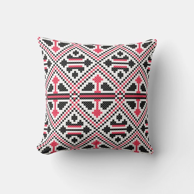 Red and Black cross-stitch Retro Pattern Throw Pillow (Front)