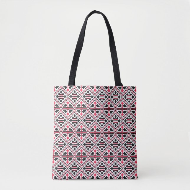 Red and Black cross-stitch Retro Pattern Tote Bag (Front)