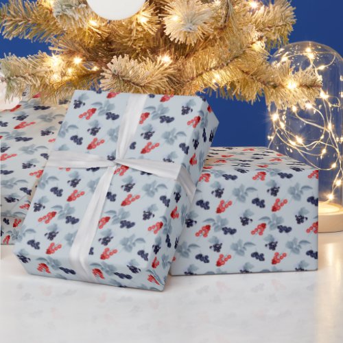 Red And Black Currant Blue Leaves On Blue Wrapping Paper