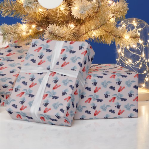 Red And Black Currant Blue Leaves On Pink Wrapping Paper