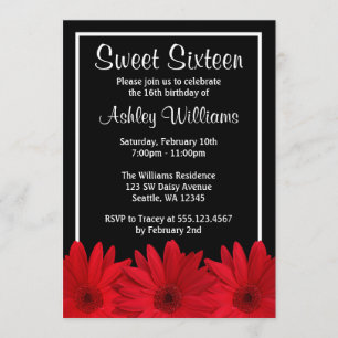 Red and Black Daisy Sweet 16 Invitations