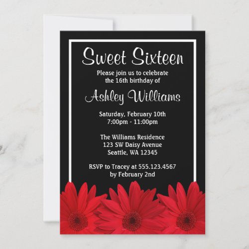 Red and Black Daisy Sweet 16 Invitations